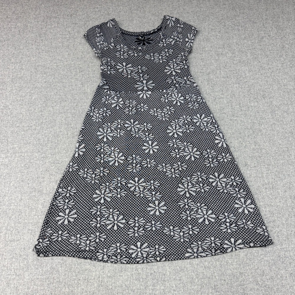 Poof Couture Fit Flare Dress Size Medium Black White Floral Knit Stretch Casual